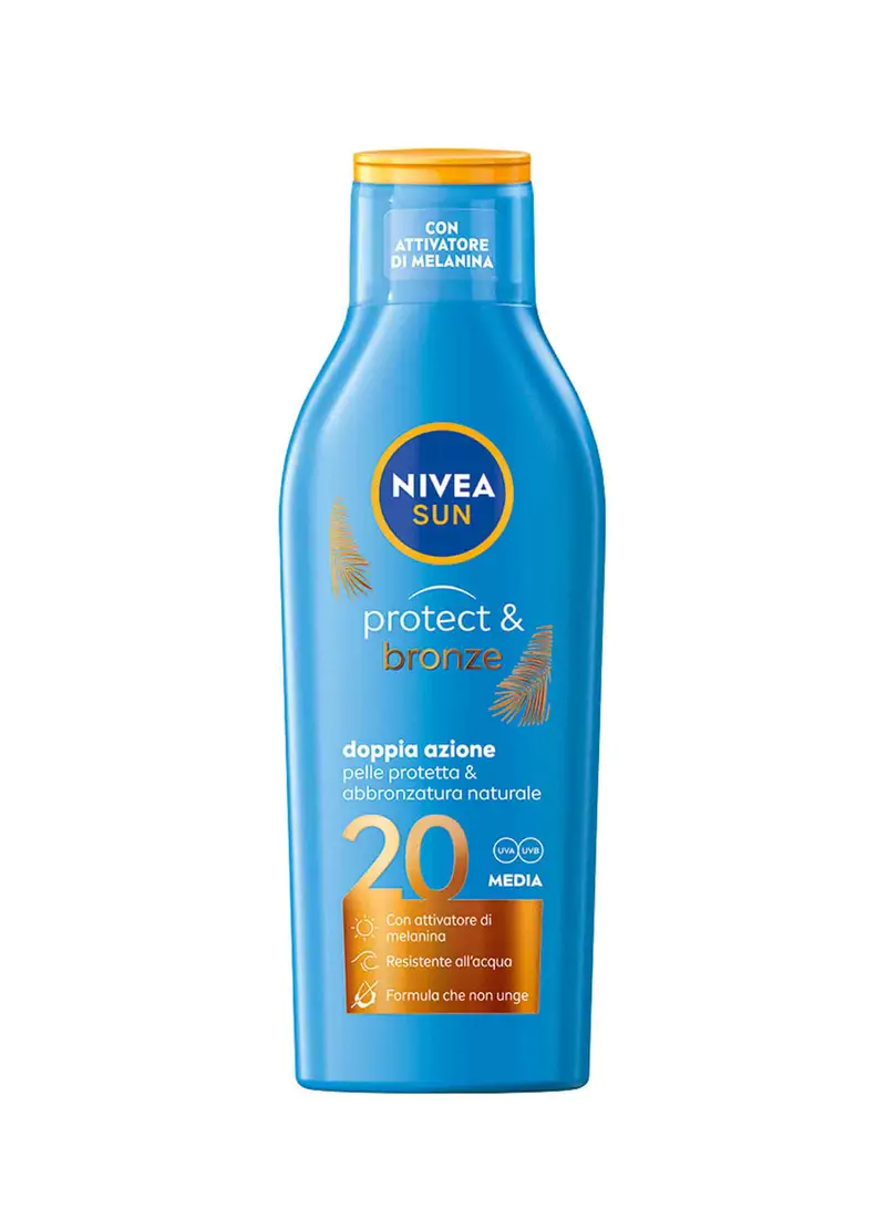 Nivea Sun Latte Solare Protect & Bronze Fp20 200 Ml, Crema Solare 20 Per Un'abbronzatura Dorata, Donna, Bianco
