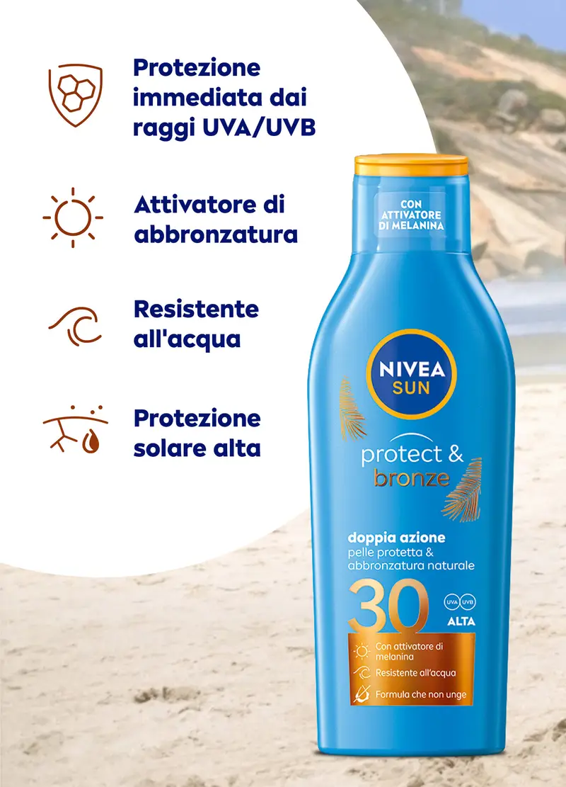 Nivea Sun Latte Solare Protect & Bronze Fp30 200 Ml, Crema Solare 30 Per Un'abbronzatura Dorata, Donna, Bianco miniatura 2