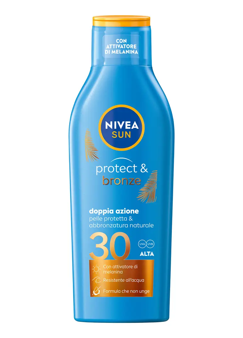 Nivea Sun Latte Solare Protect & Bronze Fp30 200 Ml, Crema Solare 30 Per Un'abbronzatura Dorata, Donna, Bianco