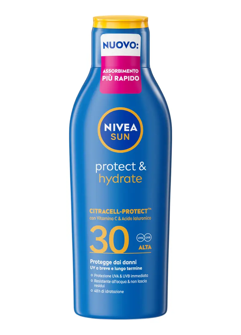 Nivea Sun Latte Solare Protect & Hydrate Spf30 200 Ml, Crema Solare 30 Idratante Per 48 Ore, Donna, Bianco