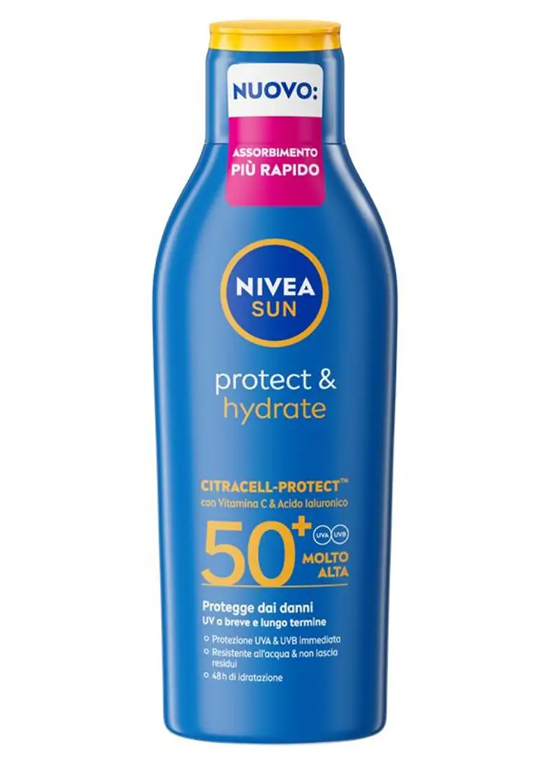 Nivea Sun Latte Solare Protect & Hydrate Spf50+ 200 Ml, Crema Solare 50+ Idratante Per 48 Ore, Donna, Bianco