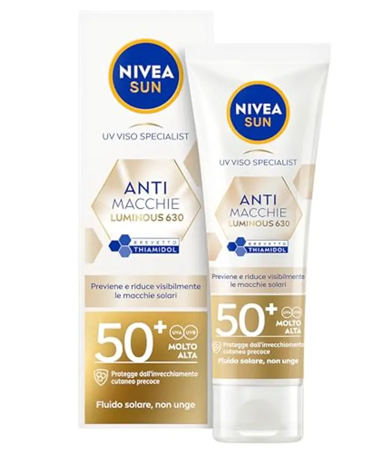 NIVEA SUN Luminous630 Crema Solare Viso SPF 50+ 40 ml, Protezione solare viso in fluido leggero, Crema antimacchie viso con Acido Ialuronico, Thiamidol brevettato e filtri UVA/UVB, Crema viso SPF 50+
