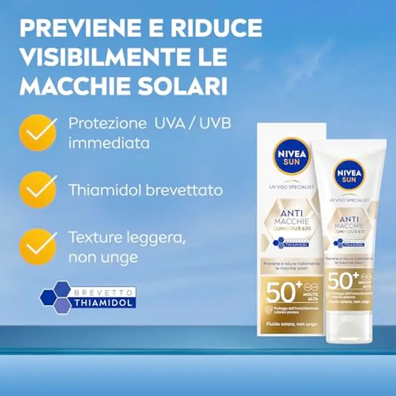 NIVEA SUN Luminous630 Crema Solare Viso SPF 50+ 40 ml, Protezione solare viso in fluido leggero, Crema antimacchie viso con Acido Ialuronico, Thiamidol brevettato e filtri UVA/UVB, Crema viso SPF 50+ miniatura 2