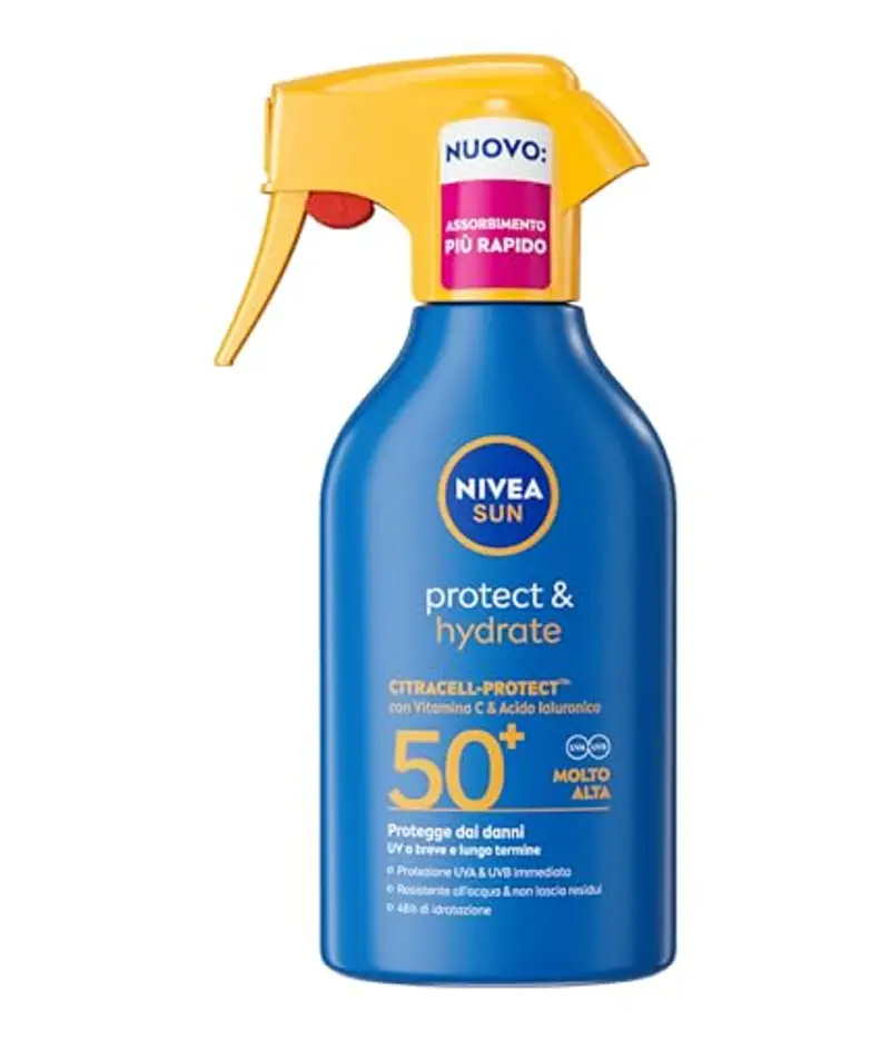 NIVEA SUN Protect & Hydrate Maxi Spray Solare SPF 50+ 270 ml, Crema solare 50 spray idratante 48h ad assorbimento rapido, Protezione solare 50+ resistente all'acqua con Vitamina C e Acido Ialuronico