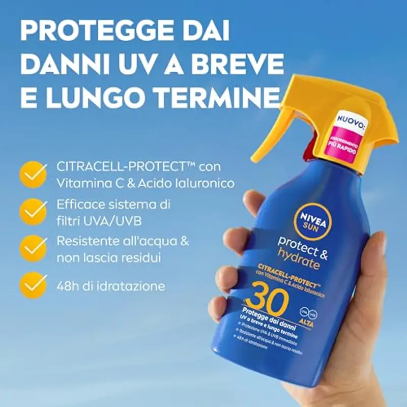 NIVEA SUN Protect & Hydrate Maxi Spray Solare SPF 50+ 270 ml, Crema solare 50 spray idratante 48h ad assorbimento rapido, Protezione solare 50+ resistente all'acqua con Vitamina C e Acido Ialuronico miniatura 2