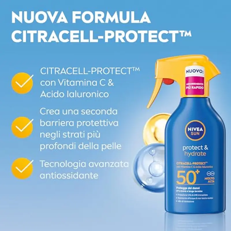 NIVEA SUN Protect & Hydrate Maxi Spray Solare SPF 50+ 270 ml, Crema solare 50 spray idratante 48h ad assorbimento rapido, Protezione solare 50+ resistente all'acqua con Vitamina C e Acido Ialuronico miniatura 3