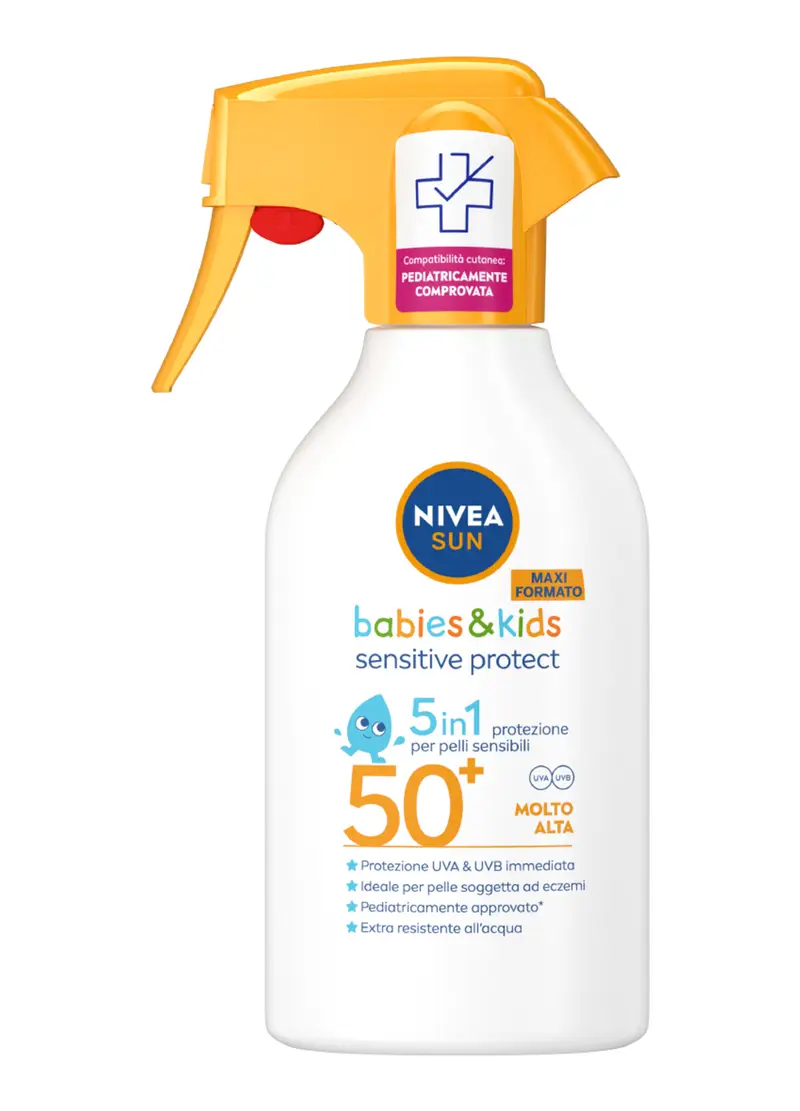 Nivea Sun Spray Solare Kids Sensitive Protect Fp50+ 270 Ml, Crema Solare Per Bambini E Neonati, Donna, Bianco