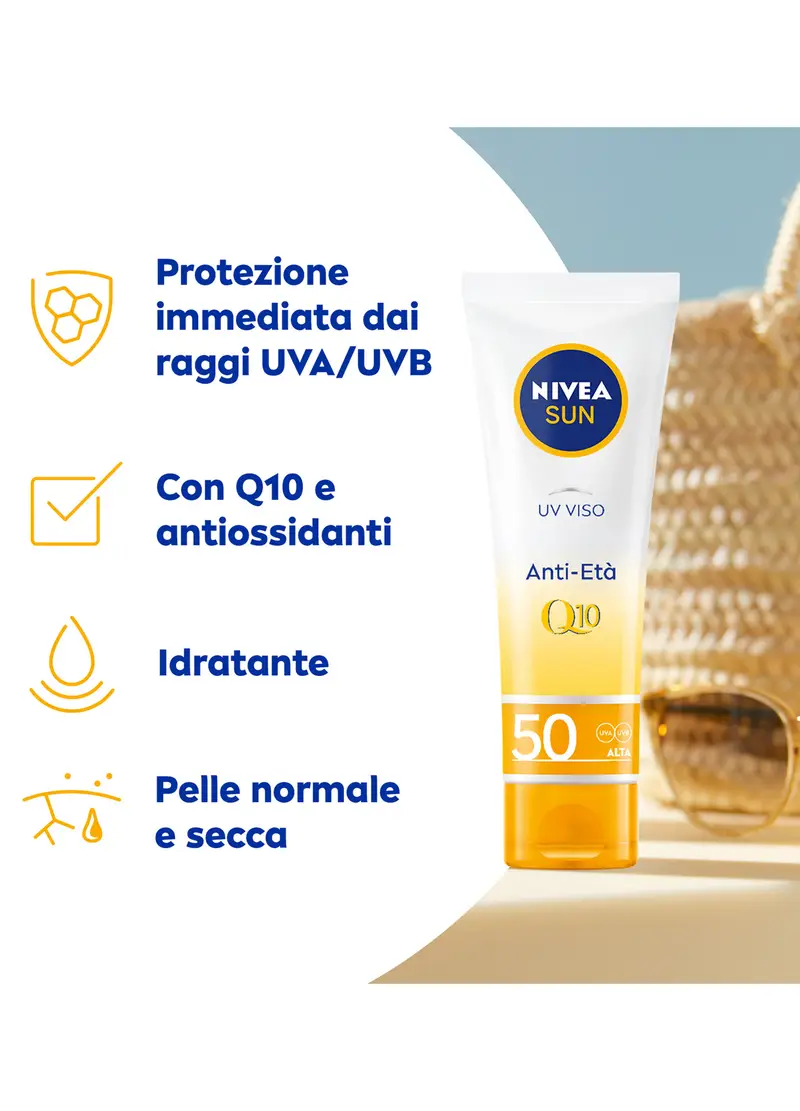 Nivea Sun Uv Viso Anti-età Fp50 50 Ml, Crema Solare Viso Antirughe E Antimacchie Con Coenzima Q10, Donna, Bianco miniatura 2