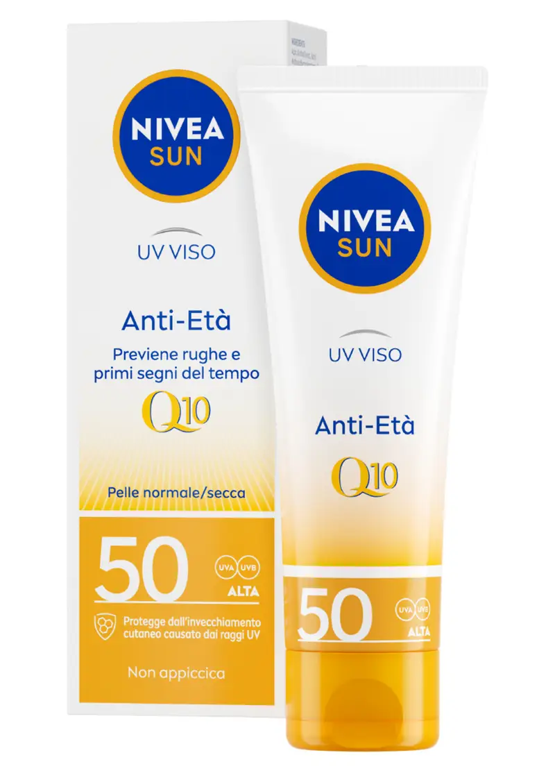 Nivea Sun Uv Viso Anti-età Fp50 50 Ml, Crema Solare Viso Antirughe E Antimacchie Con Coenzima Q10, Donna, Bianco