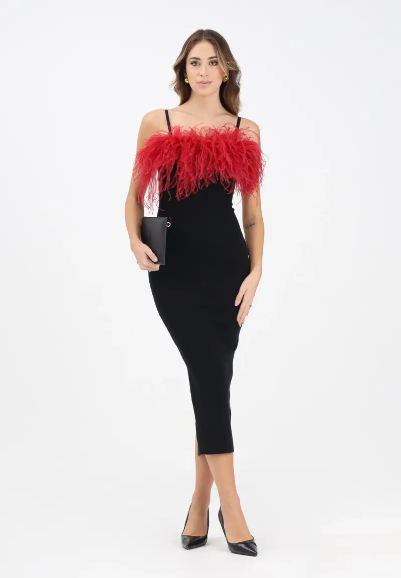 Abito midi nero da donna con piume bordeaux miniatura 2