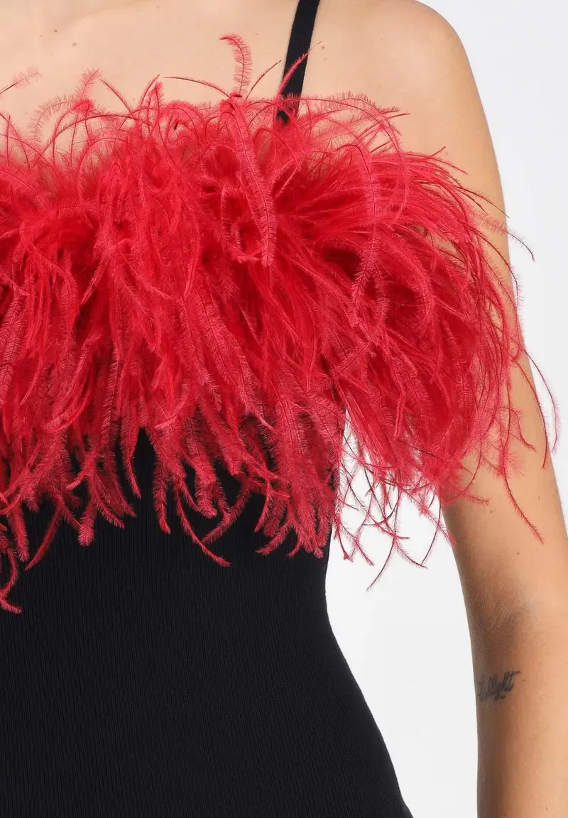 Abito midi nero da donna con piume bordeaux miniatura 3