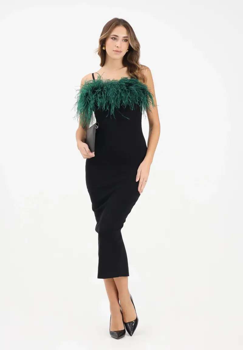 Abito midi nero da donna con piume verdi miniatura 2