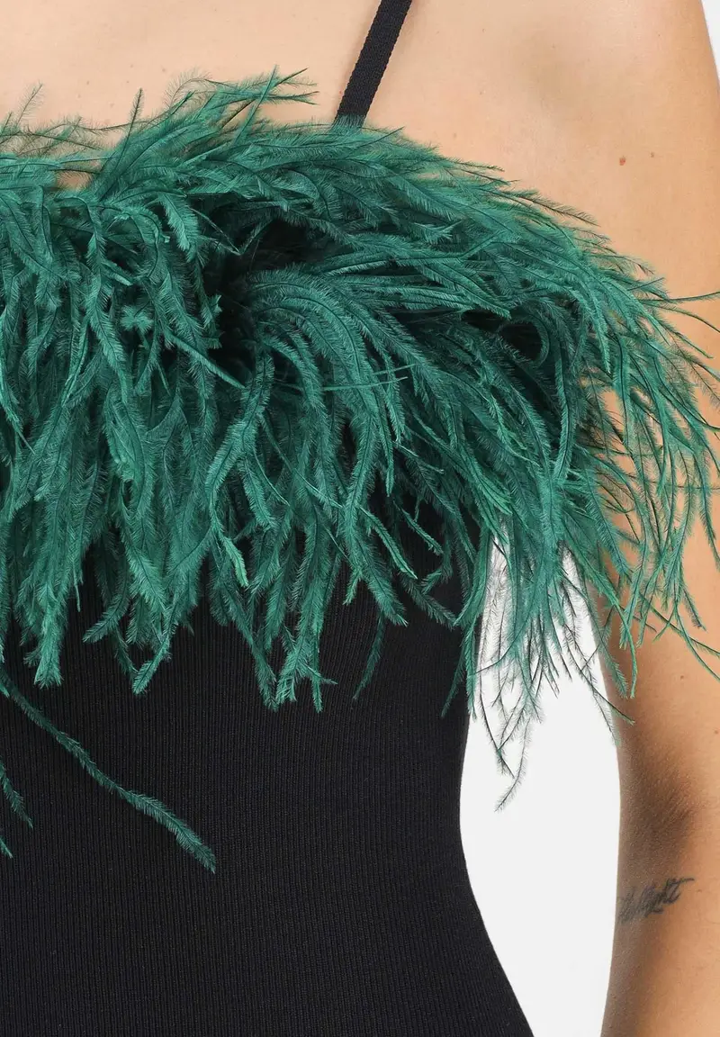 Abito midi nero da donna con piume verdi miniatura 3