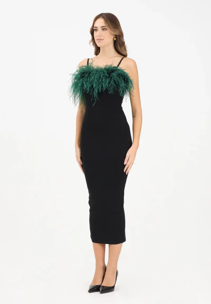 Abito midi nero da donna con piume verdi