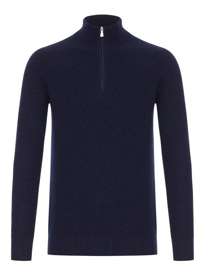 Maglione Dolcevita In Lana Con Zip Blu