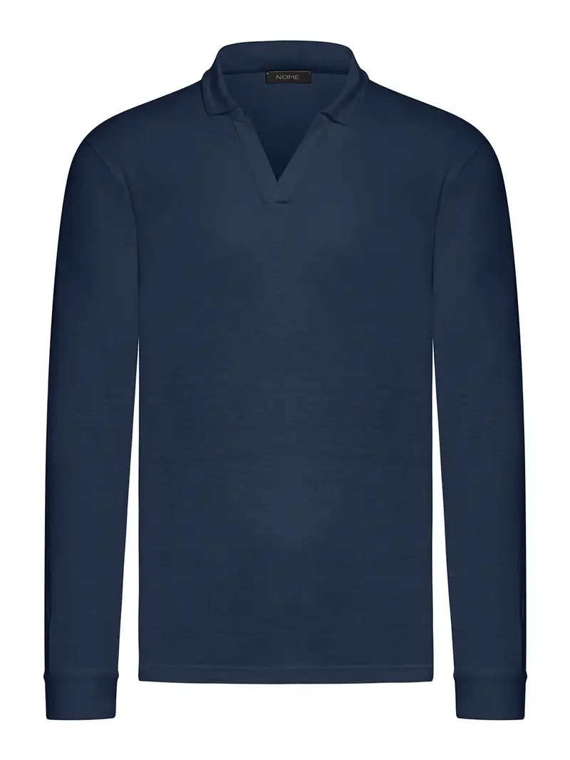 Polo manica lunga lino senza bottoni Blu