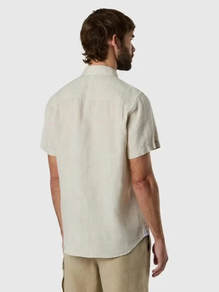 camicia di lino uomo a maniche corte beige con micro logo miniatura 2