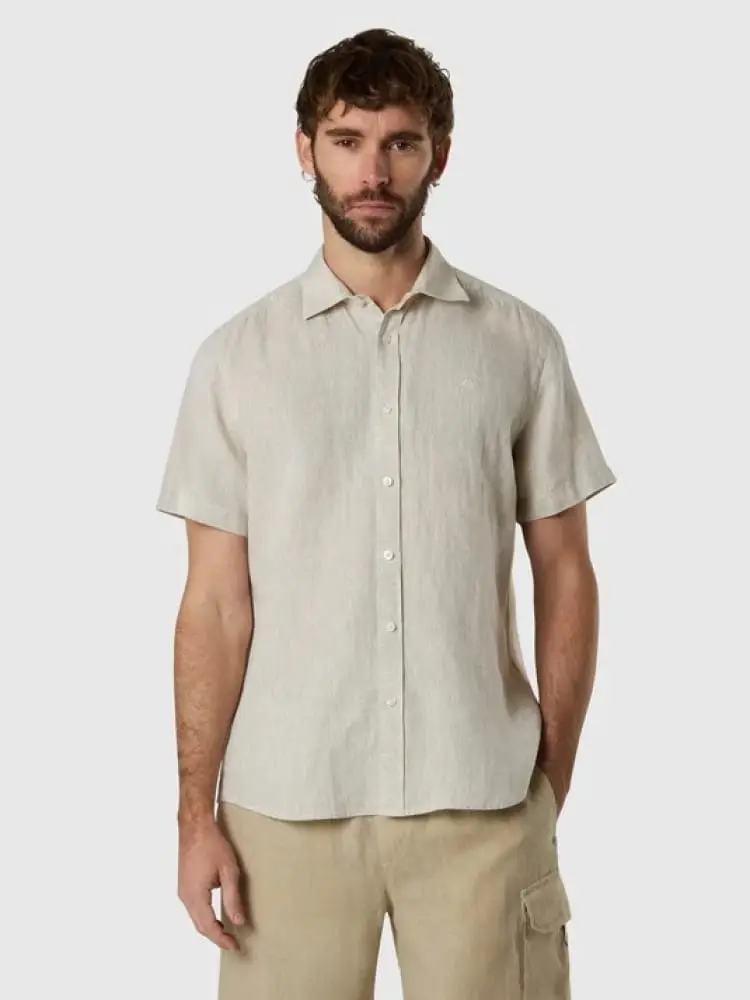 camicia di lino uomo a maniche corte beige con micro logo miniatura 3