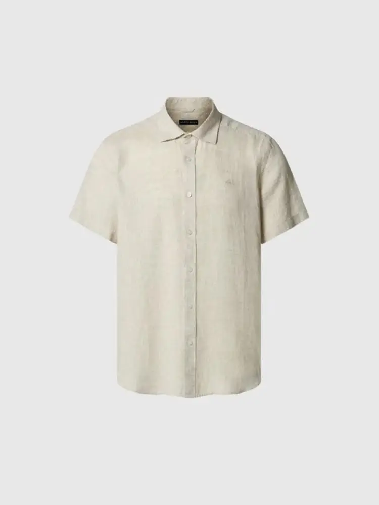 camicia di lino uomo a maniche corte beige con micro logo
