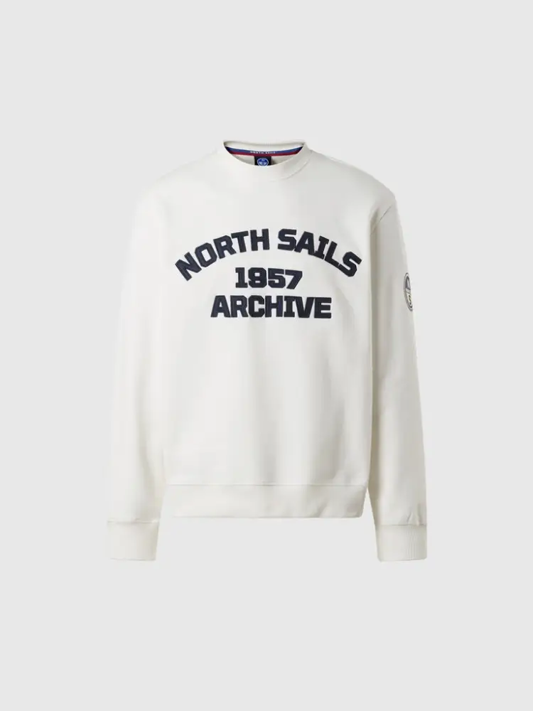 felpa in cotone bianco con stampa d'archivio con occhiello logo