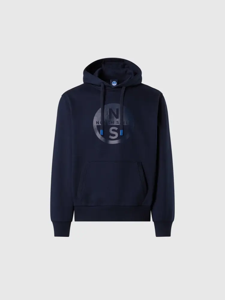 felpa in cotone blu con cappuccio e maxi logo