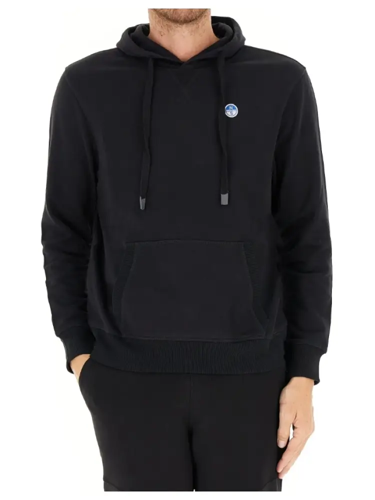 felpa in cotone nero con cappuccio e patch logo