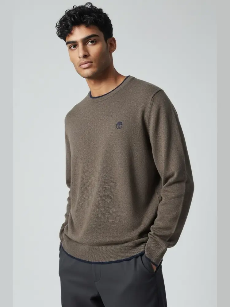 maglione girocollo in misto lana cashemere marrone con logo ricamato