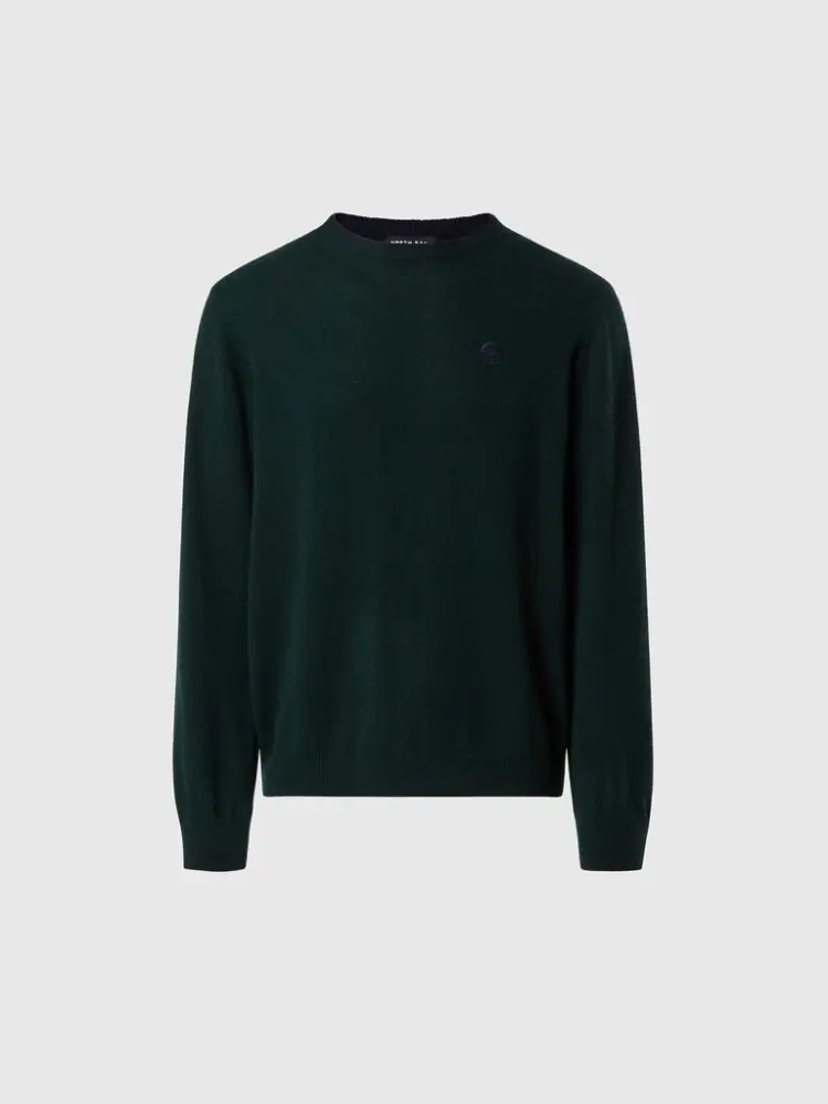maglione girocollo in misto lana cashemere verde scuro con logo ricamato