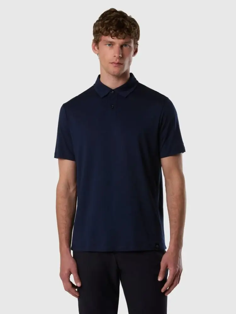polo in jersey blu tencel con logo miniatura 2