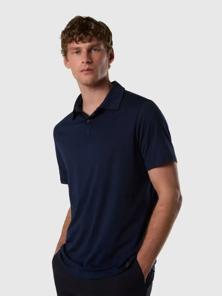 polo in jersey blu tencel con logo miniatura 3