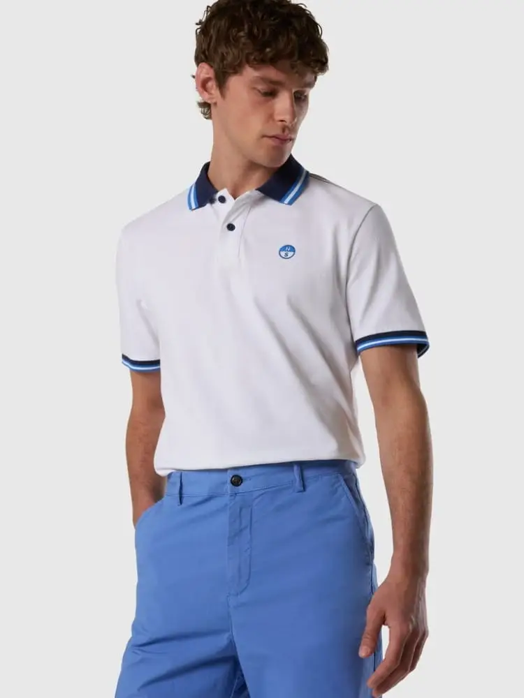 polo in piquet bianco con bordi a righe miniatura 3