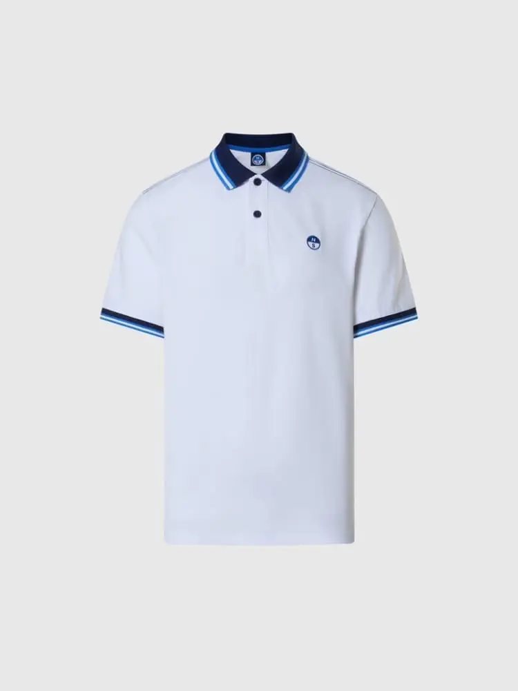 polo in piquet bianco con bordi a righe