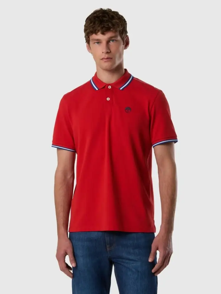 polo in piquet rosso con bordi a righe miniatura 2