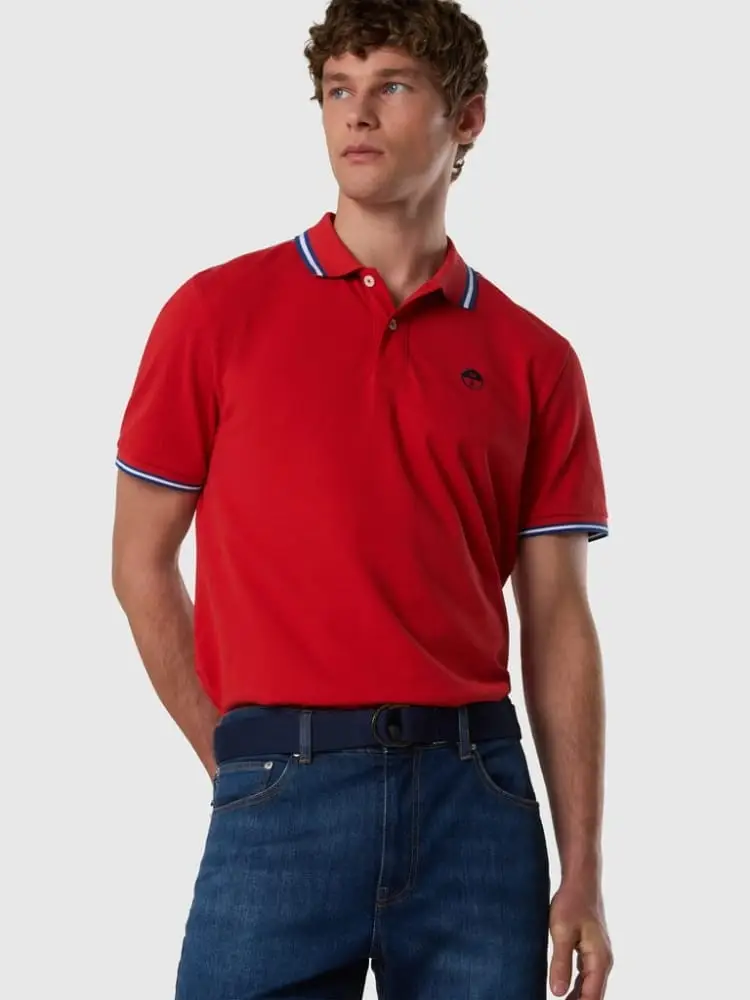 polo in piquet rosso con bordi a righe miniatura 3