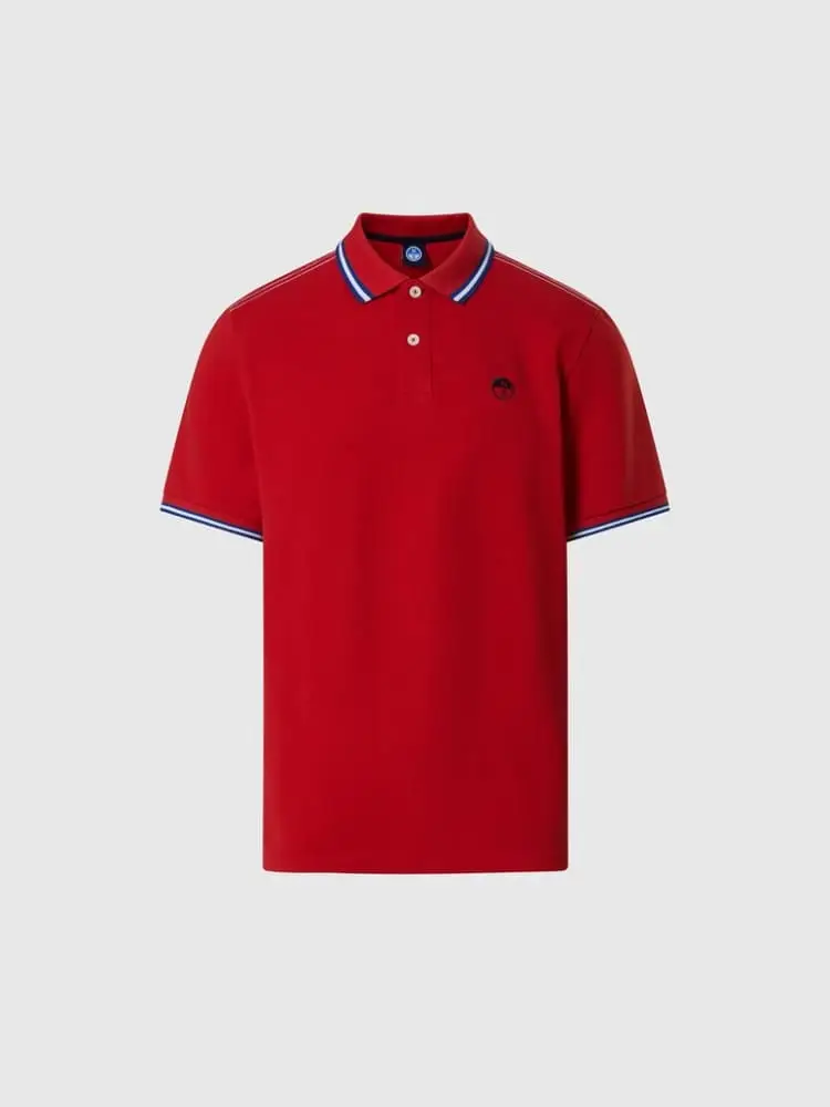 polo in piquet rosso con bordi a righe