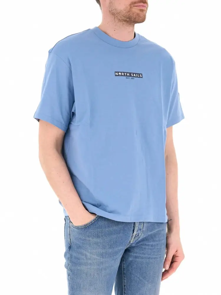 t-shirt uomo in cotone azzurra con stampa logo centrale blu miniatura 3