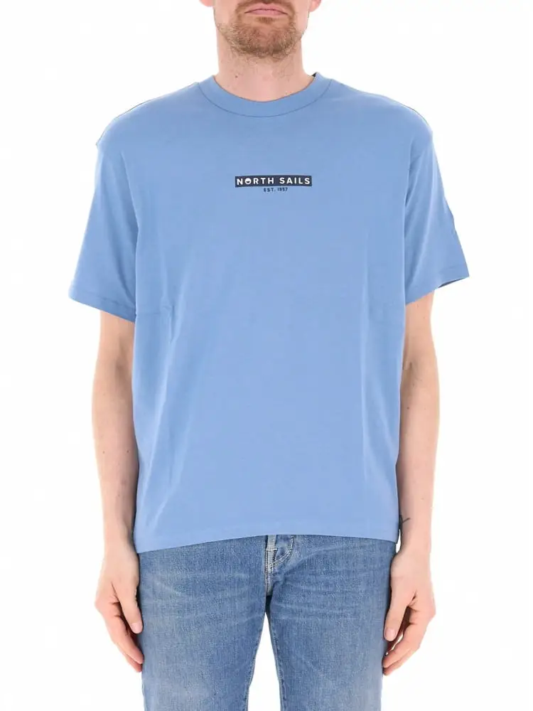 t-shirt uomo in cotone azzurra con stampa logo centrale blu