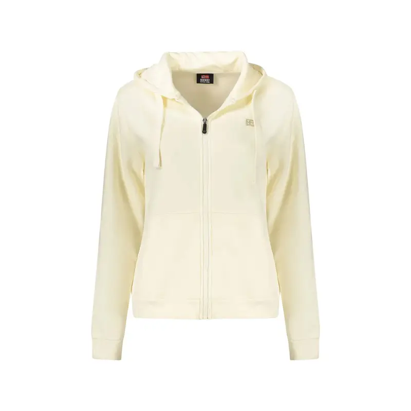 Felpa Donna Bianco Zip Cappuccio Felpata Tasche Stampa Logo