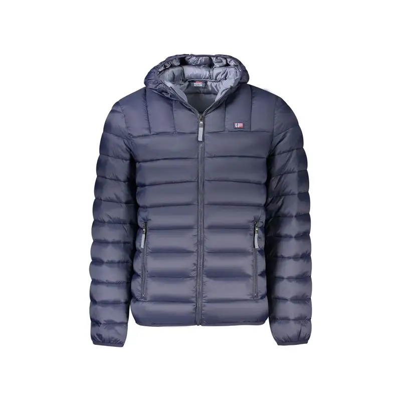 Giubbotto Uomo Blu Cappuccio Dettagli Grigi Logo