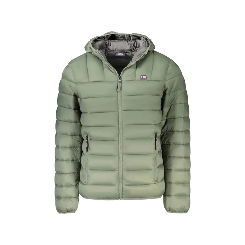Giubbotto Uomo Verde Cappuccio Dettagli Grigi Logo