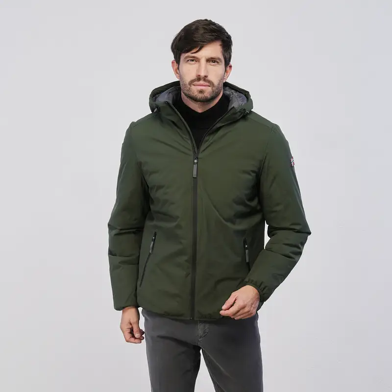 Giacca verde da uomo con cappuccio e zip