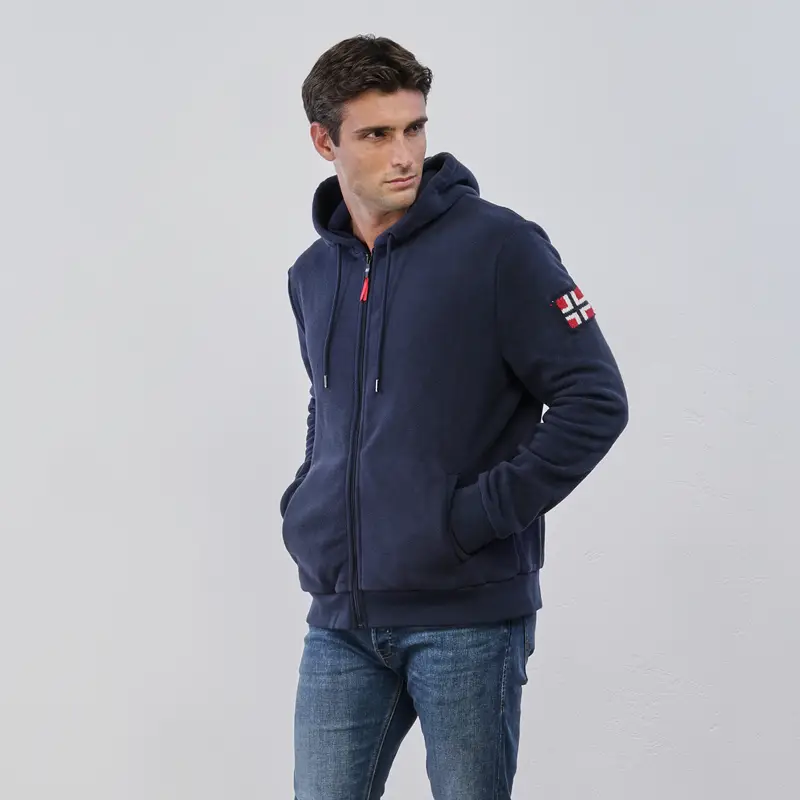 Pile blu da uomo con zip e cappuccio