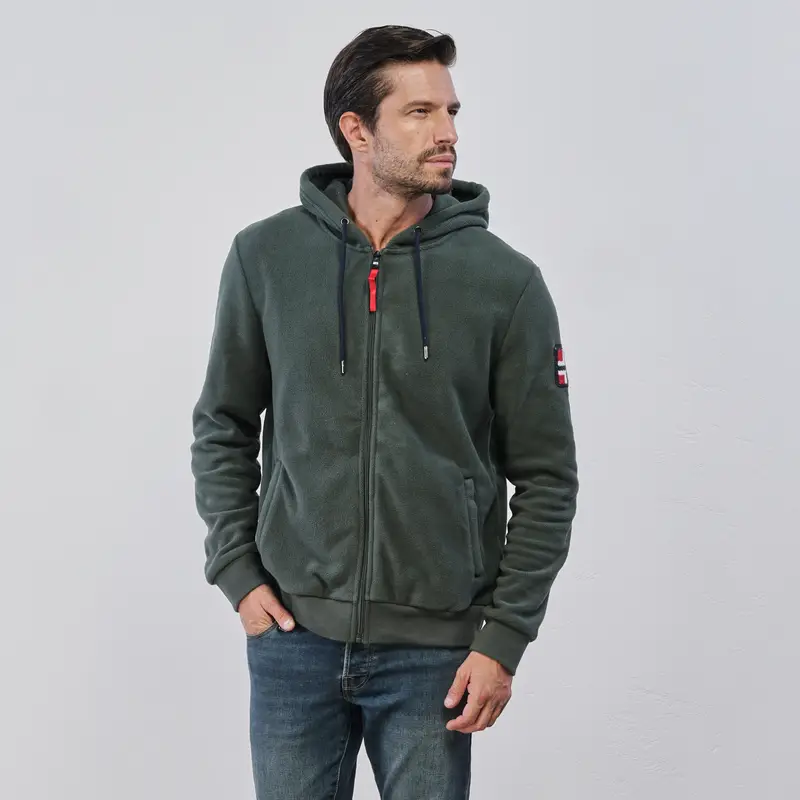 Pile verde da uomo con zip e cappuccio