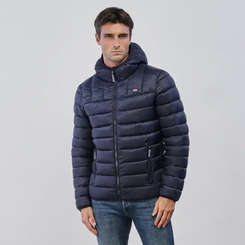 Piumino blu da uomo con cappuccio e zip