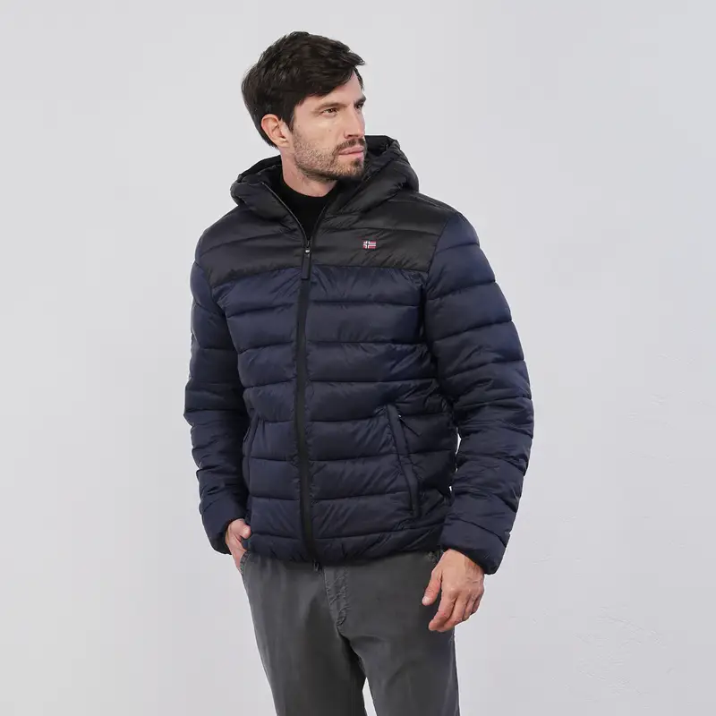 Piumino blu trapuntato da uomo con tasche e cappuccio