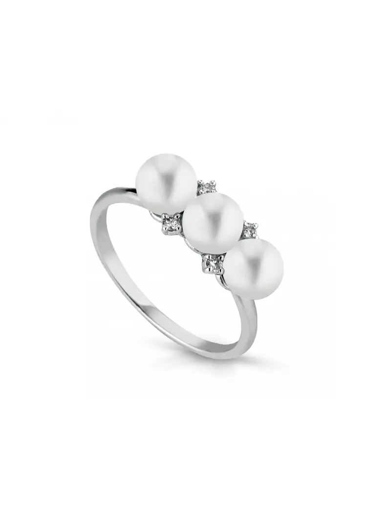 Anello in oro bianco 18Kt con perle e diamanti naturali B-ANTRIPERLA02