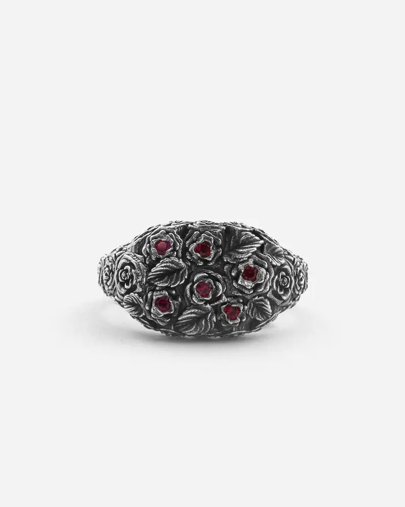 Anello Chevalier Bloody Garden In Argento Con Rose E Brillanti Rossi Brunito Lucido