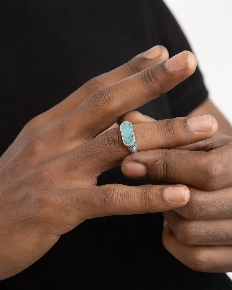 Anello Chevalier Orizzontale Source In Argento Con Pietra Turchese Brunito Lucido miniatura 2