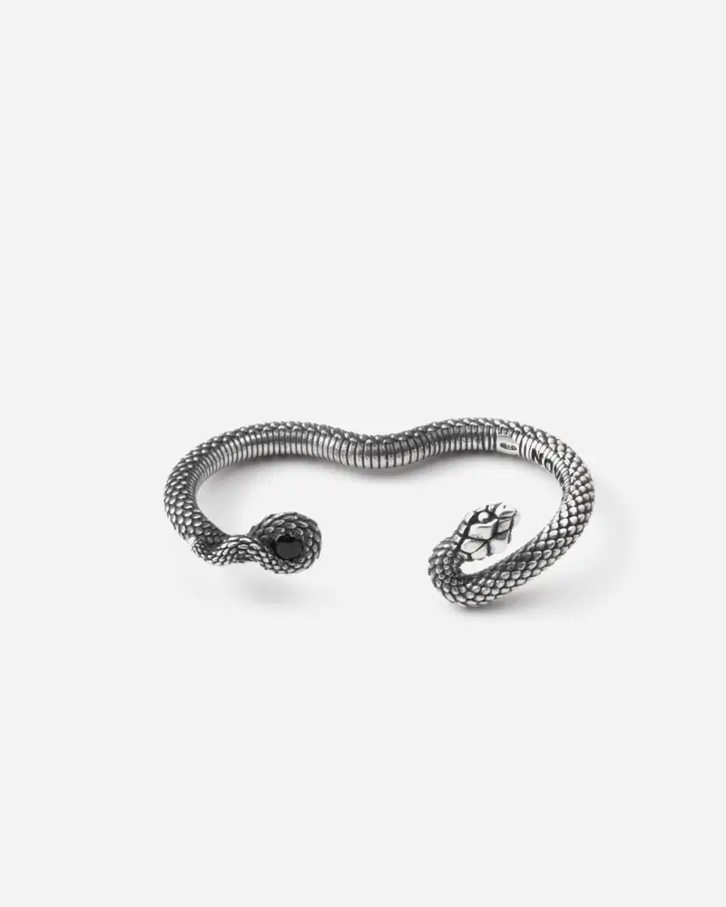 Anello Due Dita Serpente Snake Twins In Argento Con Pietra Nera Brunito Lucido