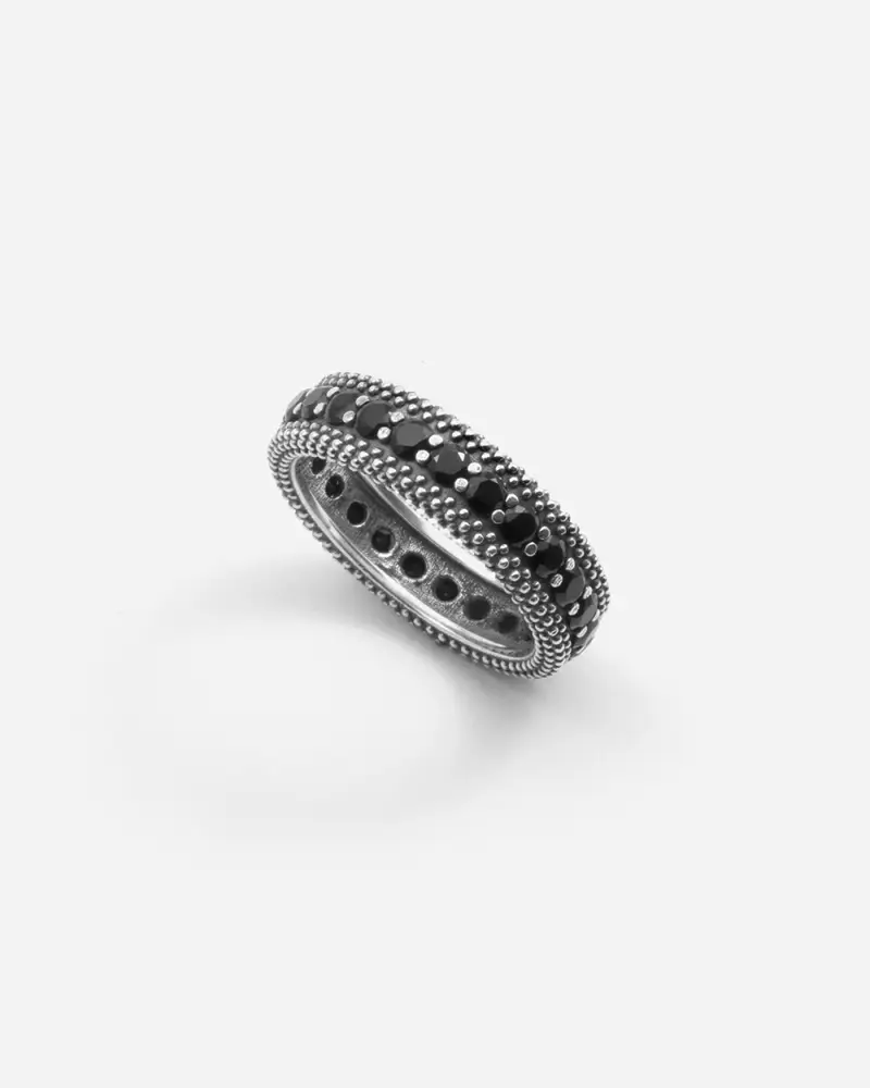 Anello Fascia Puntinata In Argento Bold Black Wind Con Brillanti Neri Brunito Lucido